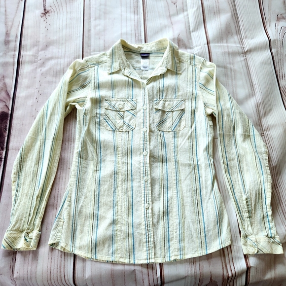 Patagonia Pale Yellow Pinstripe Long Sleeve Button Shirt Blouse | Women's Size 4 - Picture 2 of 8